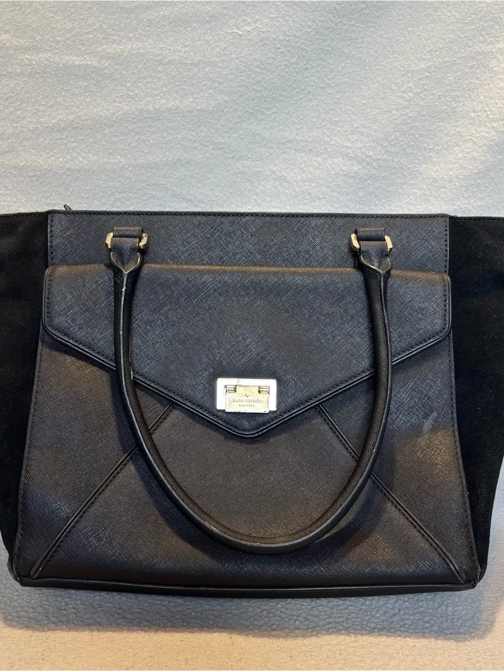 Kate Spade Black Faux Leather & Suede Envelope Shoulder Tote Bag